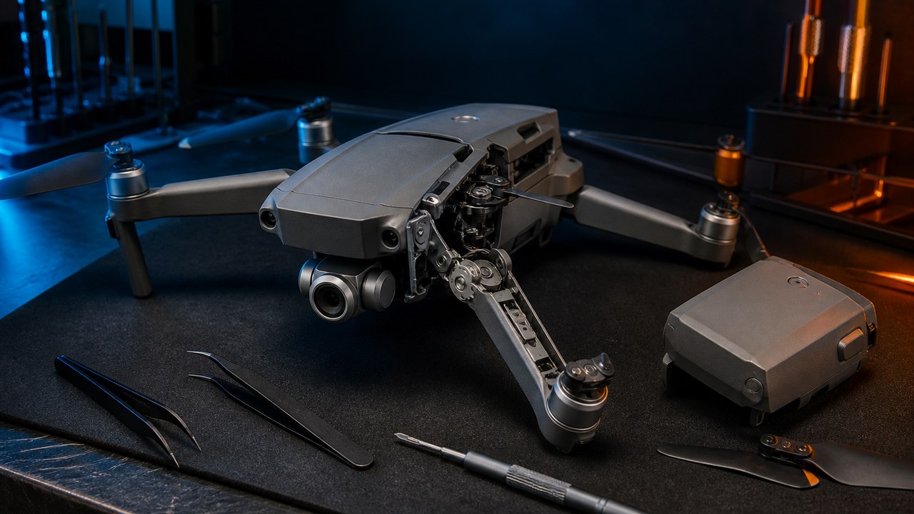 Camera drone opened on a repair bench with tools