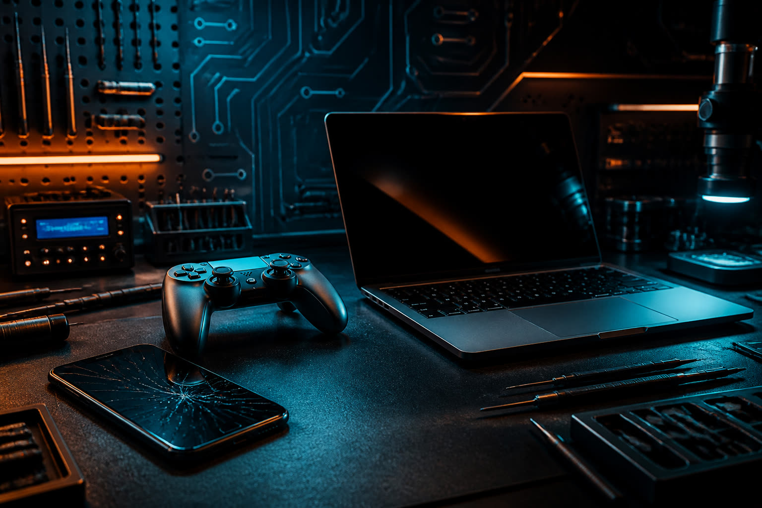 Repair bench with a cracked phone, laptop, and game controller under cyan and orange light