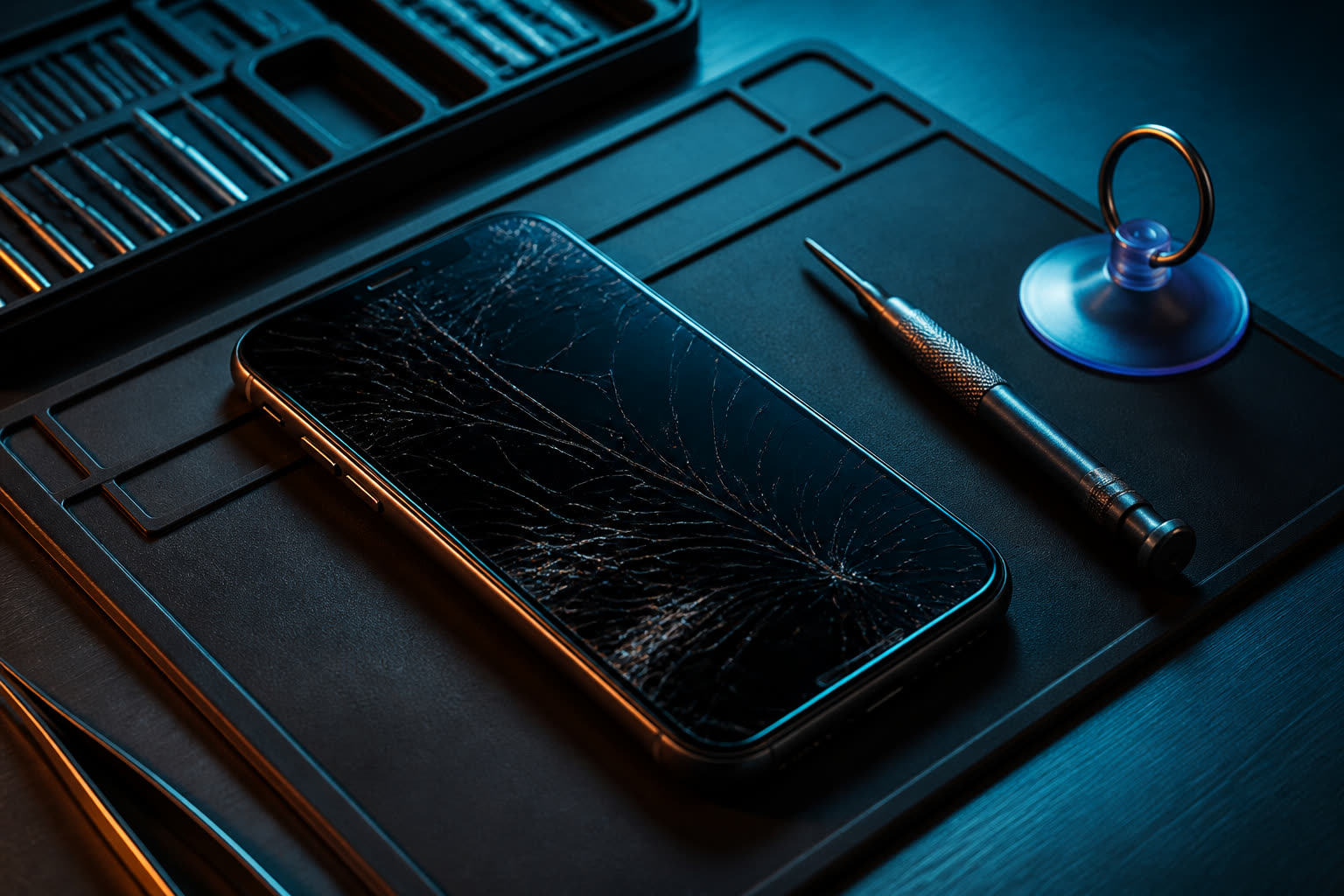 Cracked iPhone screen on a technician mat with repair tools