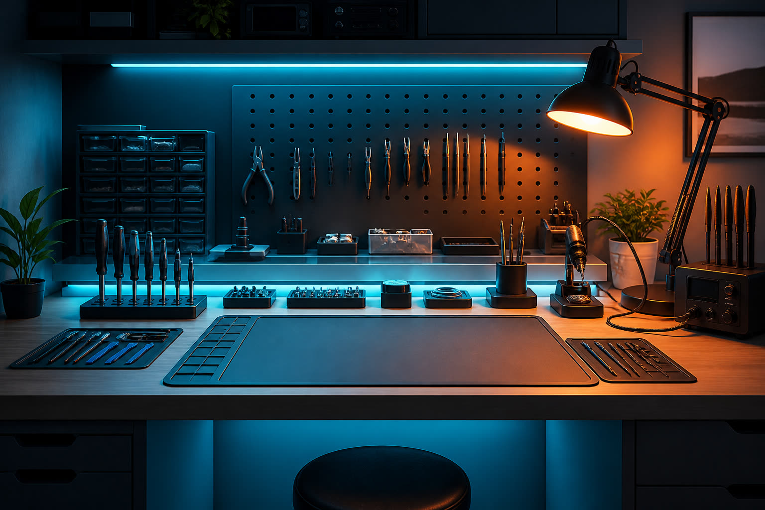 Organized electronics workbench with precision tools